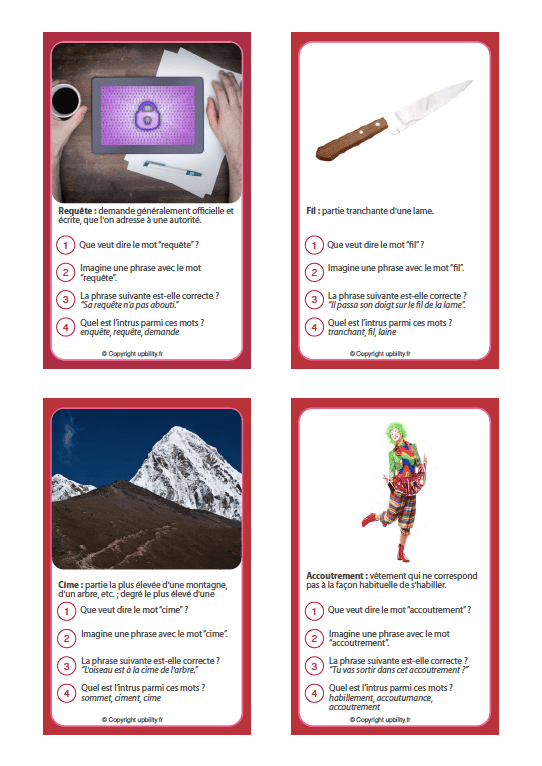 FICHES ILLUSTRÉES | Développement du vocabulaire (12-13 ans) - Upbility.fr