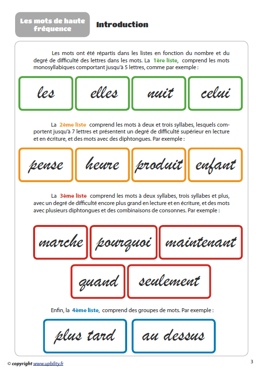 MOTS DE HAUTE FRÉQUENCE pour le développement des Compétences en lecture - Upbility.fr
