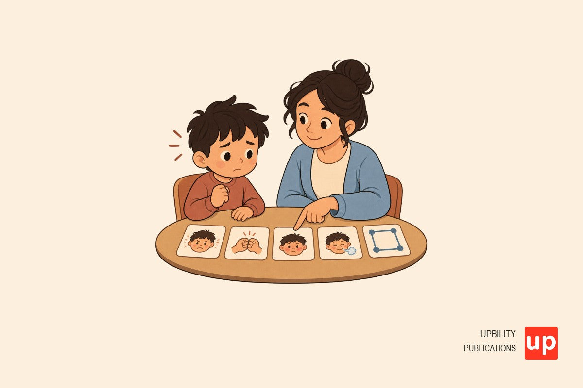 Un enfant choisit une carte d’émotion avec un adulte assis à ses côtés.