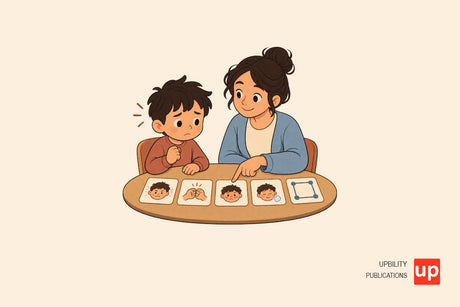 Un enfant choisit une carte d’émotion avec un adulte assis à ses côtés.