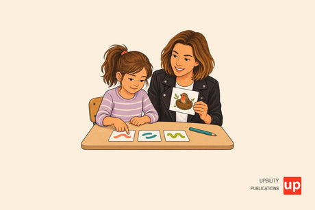 Élève de primaire suivant du doigt les graphèmes d’un mot inventé sur une carte.