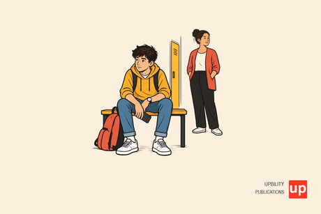 Un adolescent fait une courte pause assis dans un couloir de collège, son téléphone retourné dans la main.