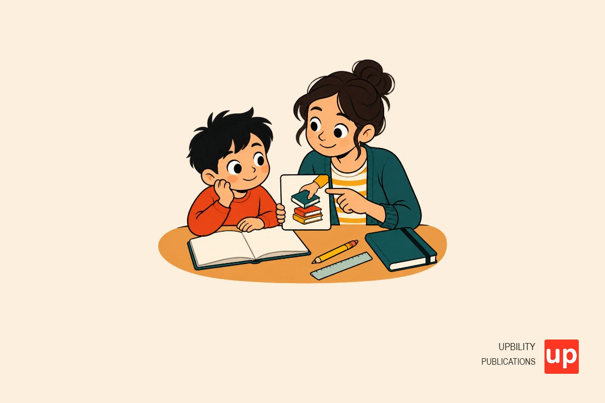 Un enfant de primaire s’apprête à commencer un exercice avec un adulte calme à ses côtés et une carte indiquant la première étape.