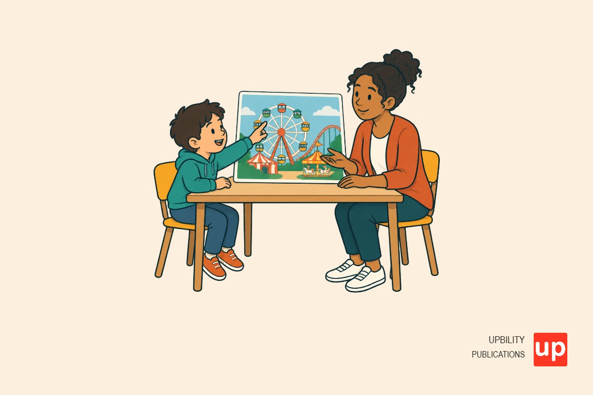 Un adulte et un enfant observent ensemble une illustration de parc d’attractions avec une grande roue.