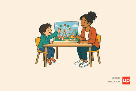 Un adulte et un enfant observent ensemble une illustration de parc d’attractions avec une grande roue.