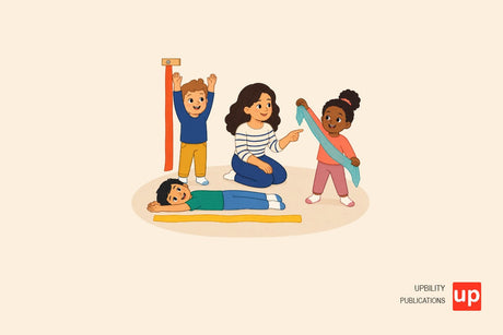 Trois enfants de maternelle forment avec leur corps une ligne verticale, une ligne horizontale et une ligne oblique sur un tapis.