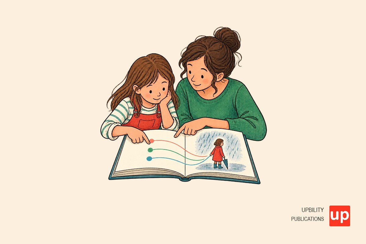 Un enfant et un adulte lisent ensemble un livre ouvert et observent des indices dans une courte histoire.