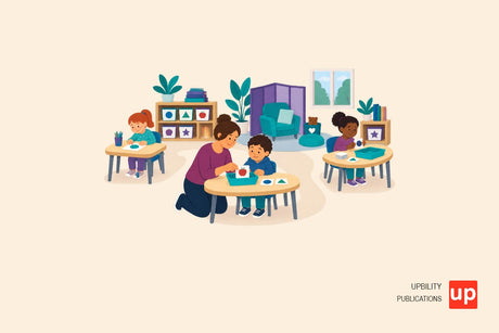 Une classe de primaire organisée avec des zones de travail, des passages dégagés, des bacs de matériel et un petit coin calme.