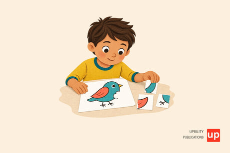 Une enfant choisit un morceau illustré pour compléter un dessin d’oiseau incomplet.