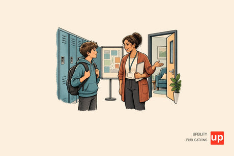 Adolescent dans un couloir de collège avec un adulte repère, un plan du bâtiment et un accès à un espace calme.