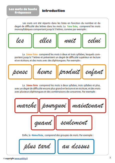 MOTS DE HAUTE FRÉQUENCE pour le développement des Compétences en lecture - Upbility.fr